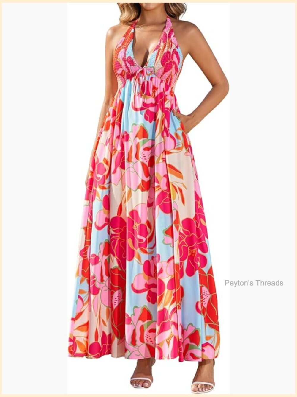 V Neck Summer Floral Maxi Sundress Halter Tie A Line Flowy Casual Boho Vacation